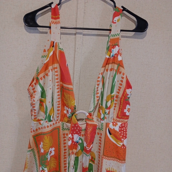 Live 4 Truth Art to Wear Parrots Vibrant Low Cut Halter Maxi Dress sz L Semi Ne - Picture 3 of 8